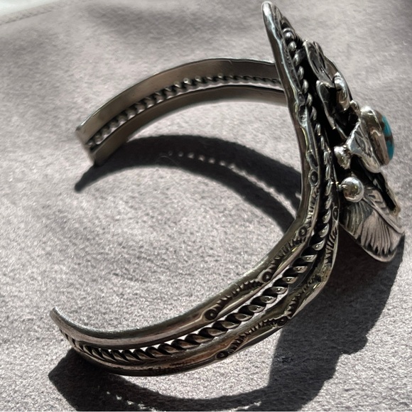 SOLD Jimmy F. Calabaza Signed Turquoise Sterling Silver Butterfly Kewa Bracelet - Picture 5 of 13